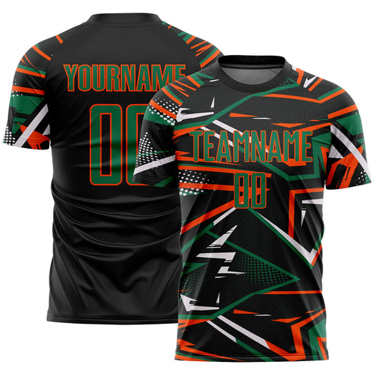 Custom Black Kelly Green Orange-White Abstract Geometric Stripes Sports Sublimation Soccer Uniform Jersey - Main View