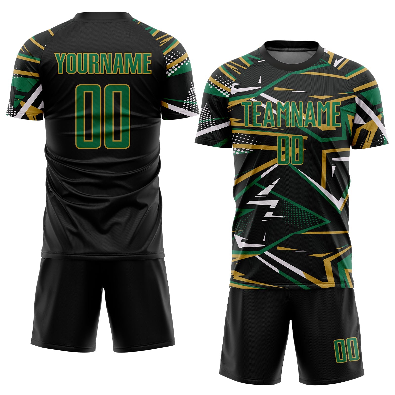 Custom Black Kelly Green Old Gold-White Abstract Geometric Stripes Sports Sublimation Soccer Uniform Jersey view 2