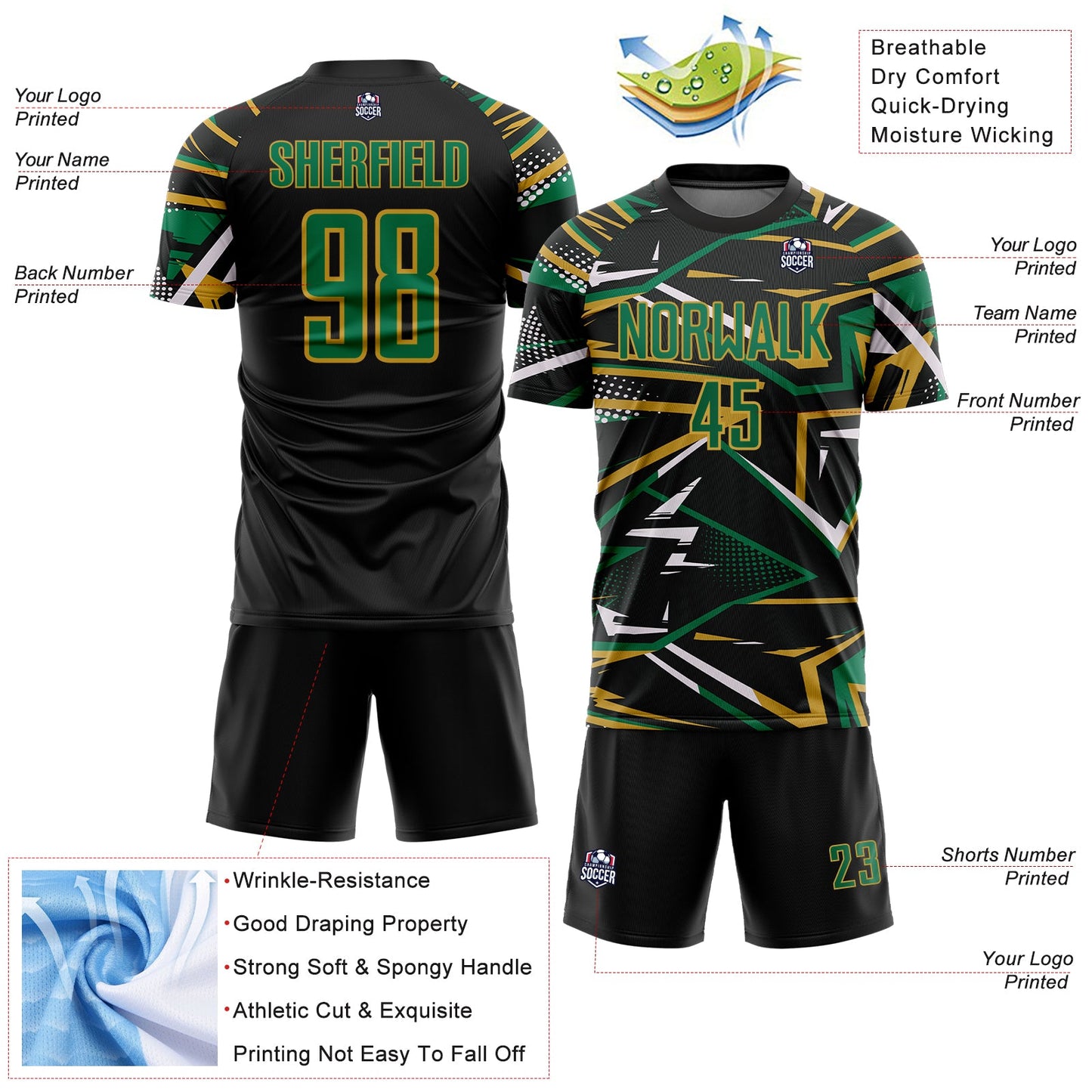 Custom Black Kelly Green Old Gold-White Abstract Geometric Stripes Sports Sublimation Soccer Uniform Jersey view 4