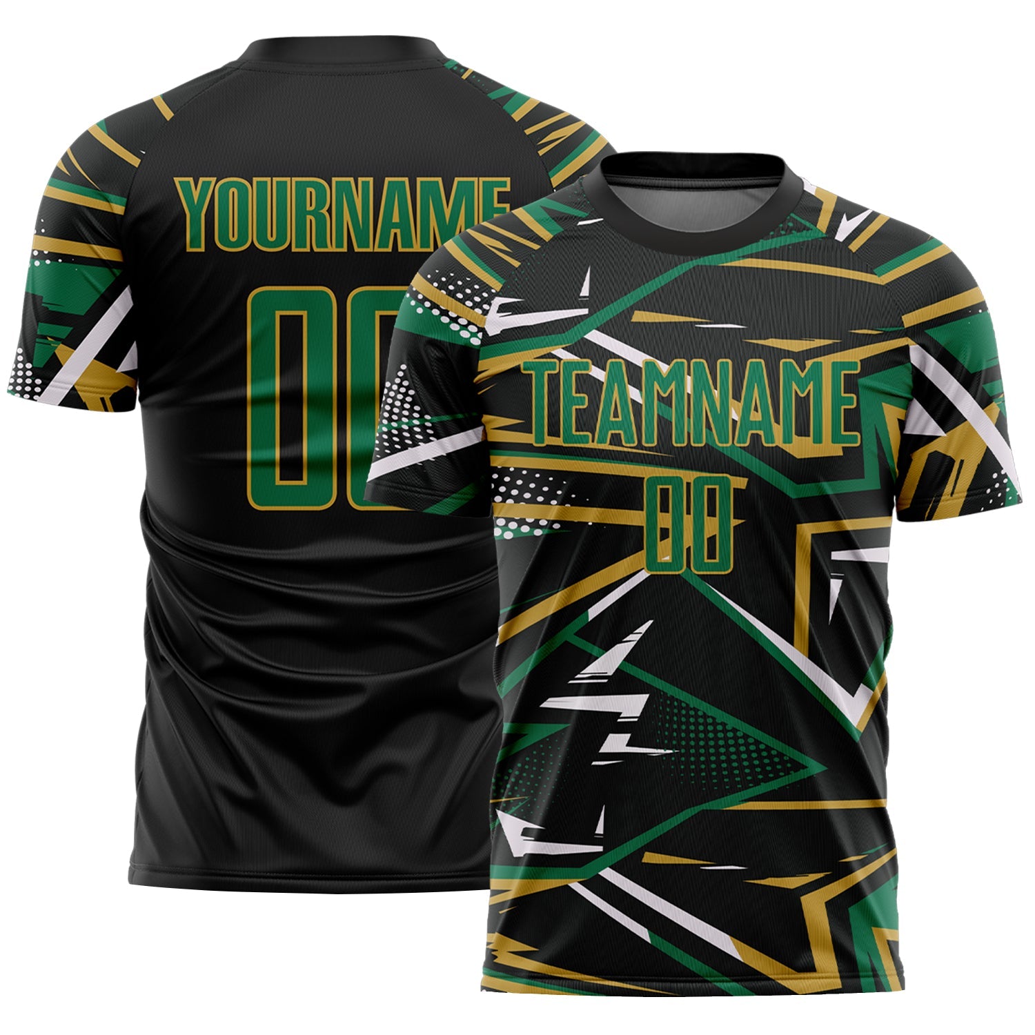 Custom Black Kelly Green Old Gold-White Abstract Geometric Stripes Sports Sublimation Soccer Uniform Jersey - Main View
