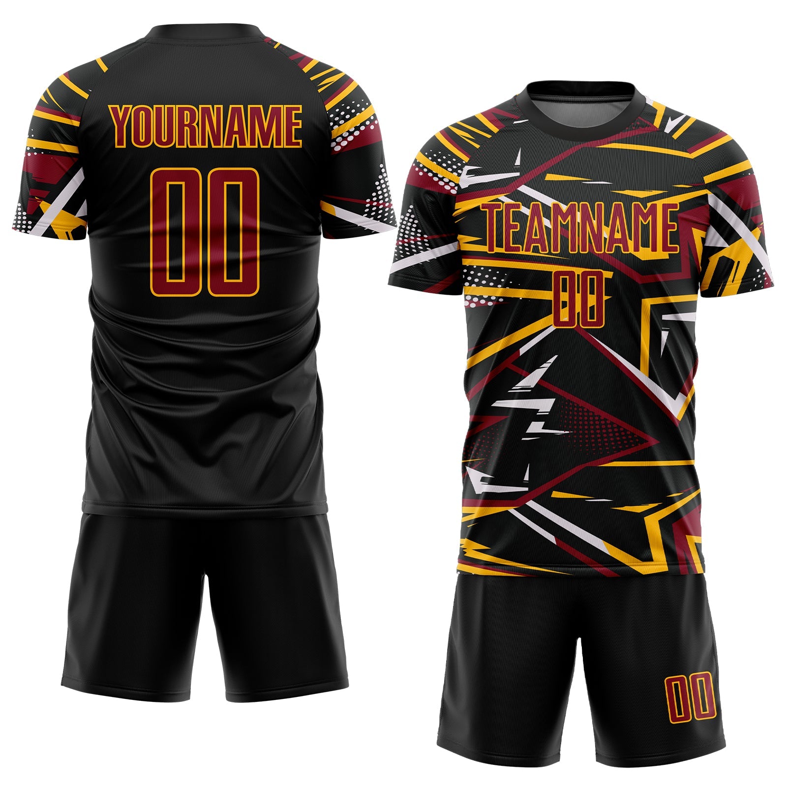 Custom Black Crimson Gold-White Abstract Geometric Stripes Sports Sublimation Soccer Uniform Jersey view 2
