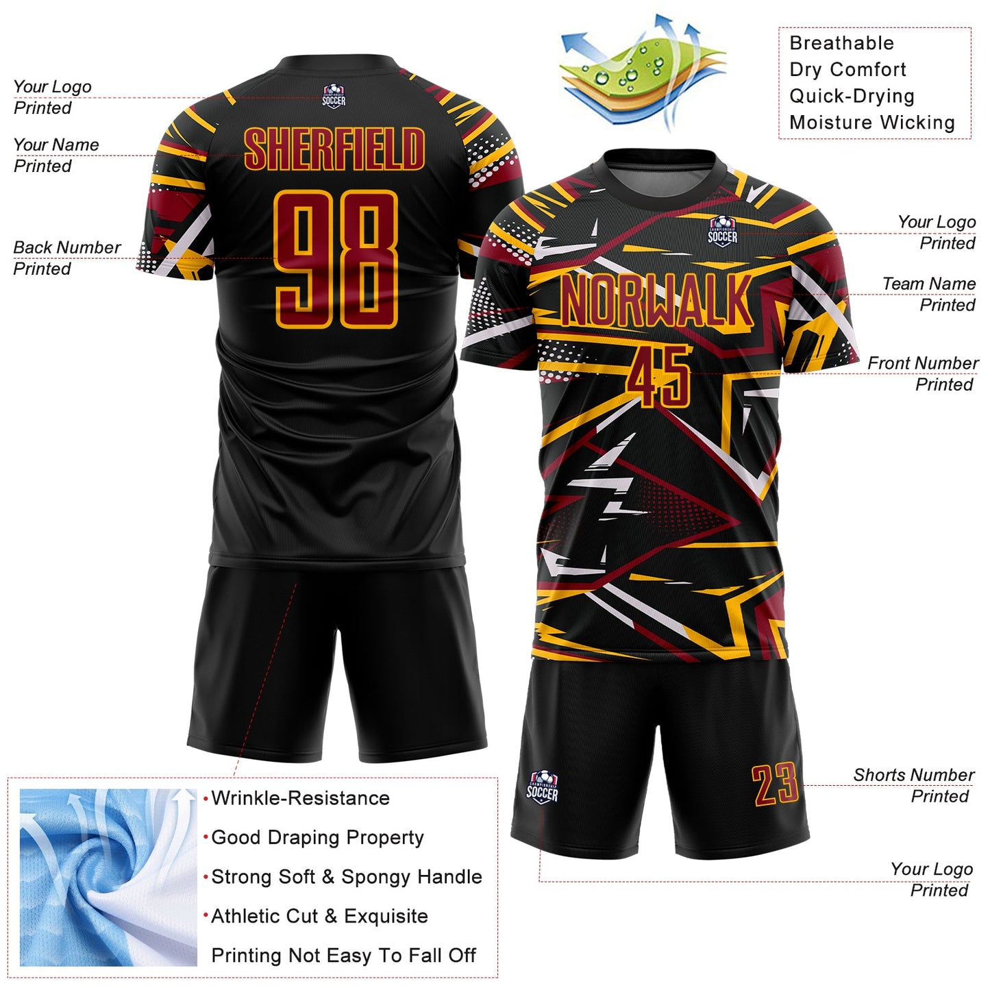 Custom Black Crimson Gold-White Abstract Geometric Stripes Sports Sublimation Soccer Uniform Jersey view 4
