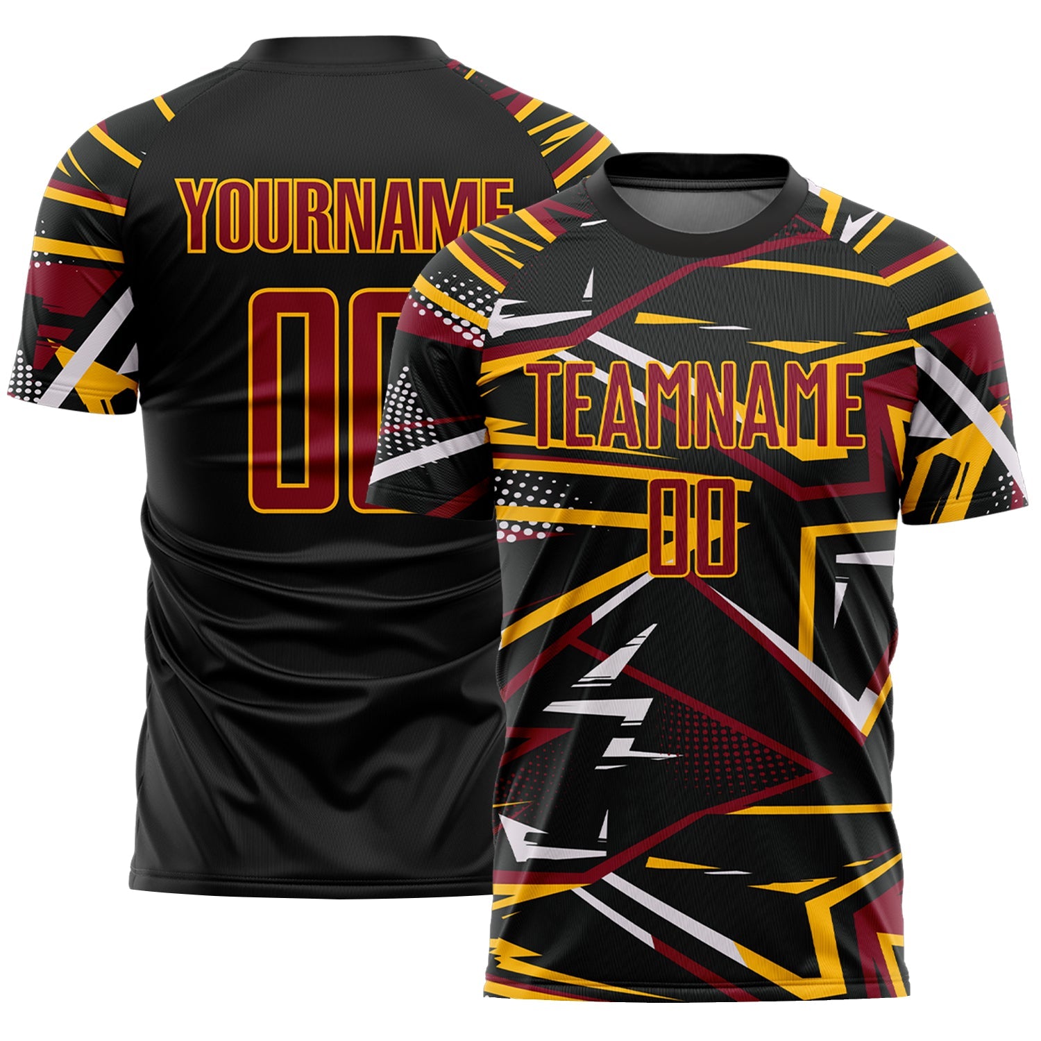 Custom Black Crimson Gold-White Abstract Geometric Stripes Sports Sublimation Soccer Uniform Jersey - Main View
