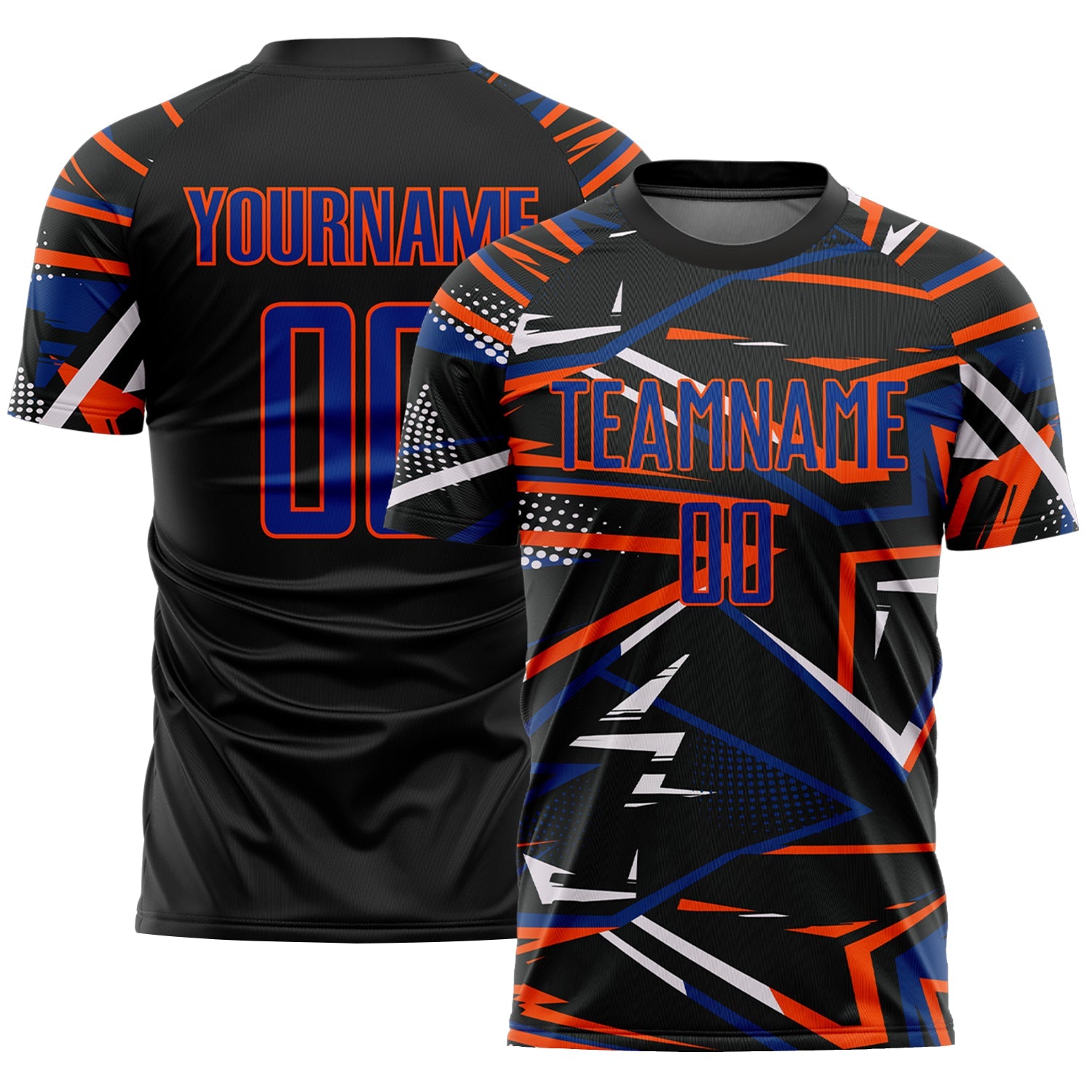 Custom Black Royal Orange-White Abstract Geometric Stripes Sports Sublimation Soccer Uniform Jersey - Main View