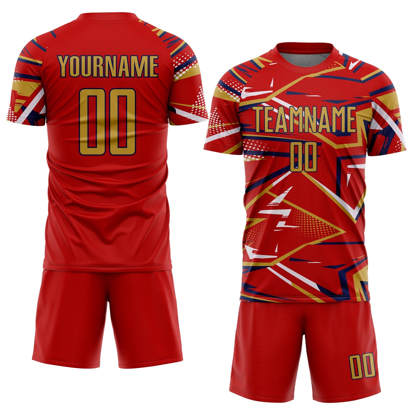 Custom Red Old Gold Navy-White Abstract Geometric Stripes Sports Sublimation Soccer Uniform Jersey view 2