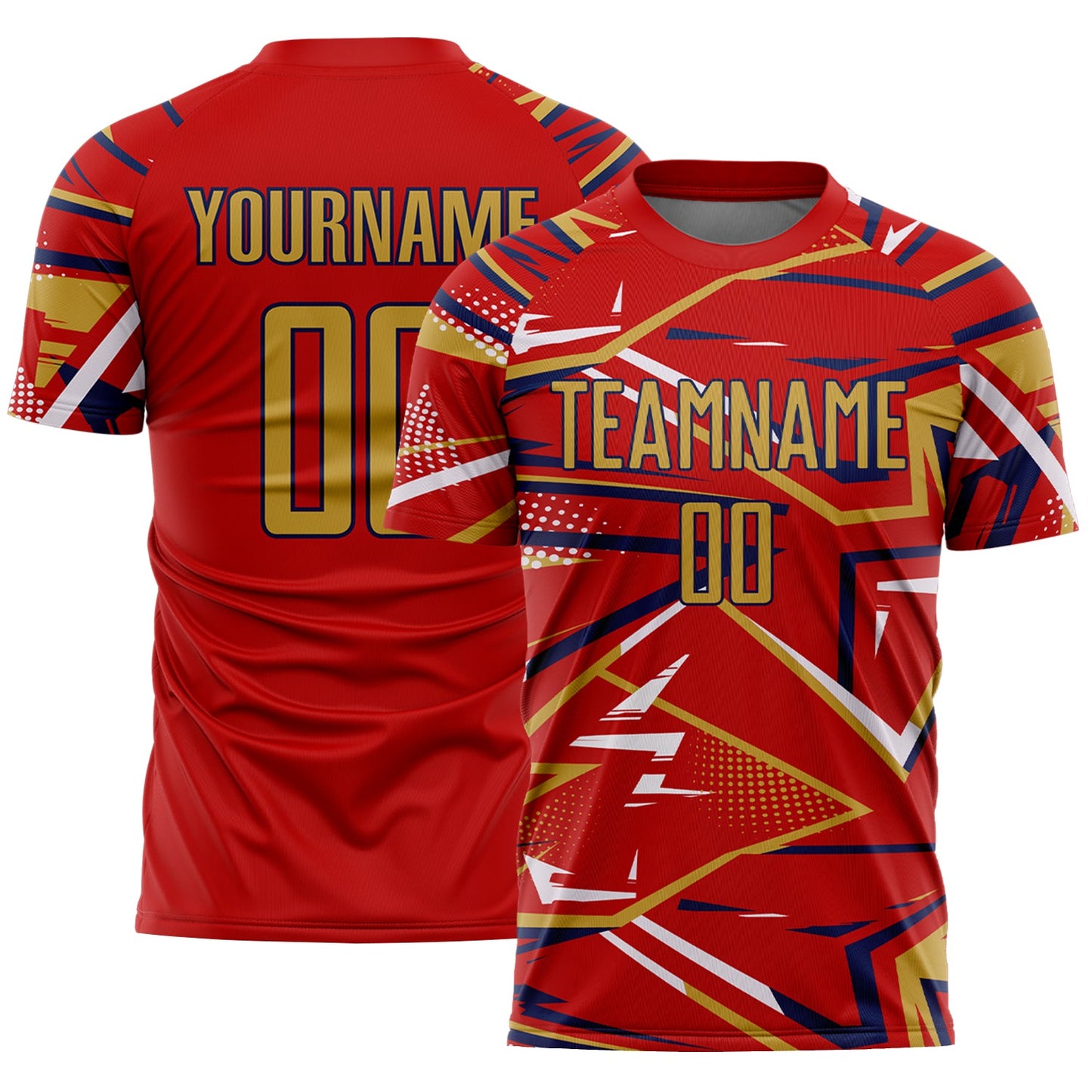 Custom Red Old Gold Navy-White Abstract Geometric Stripes Sports Sublimation Soccer Uniform Jersey - Main View