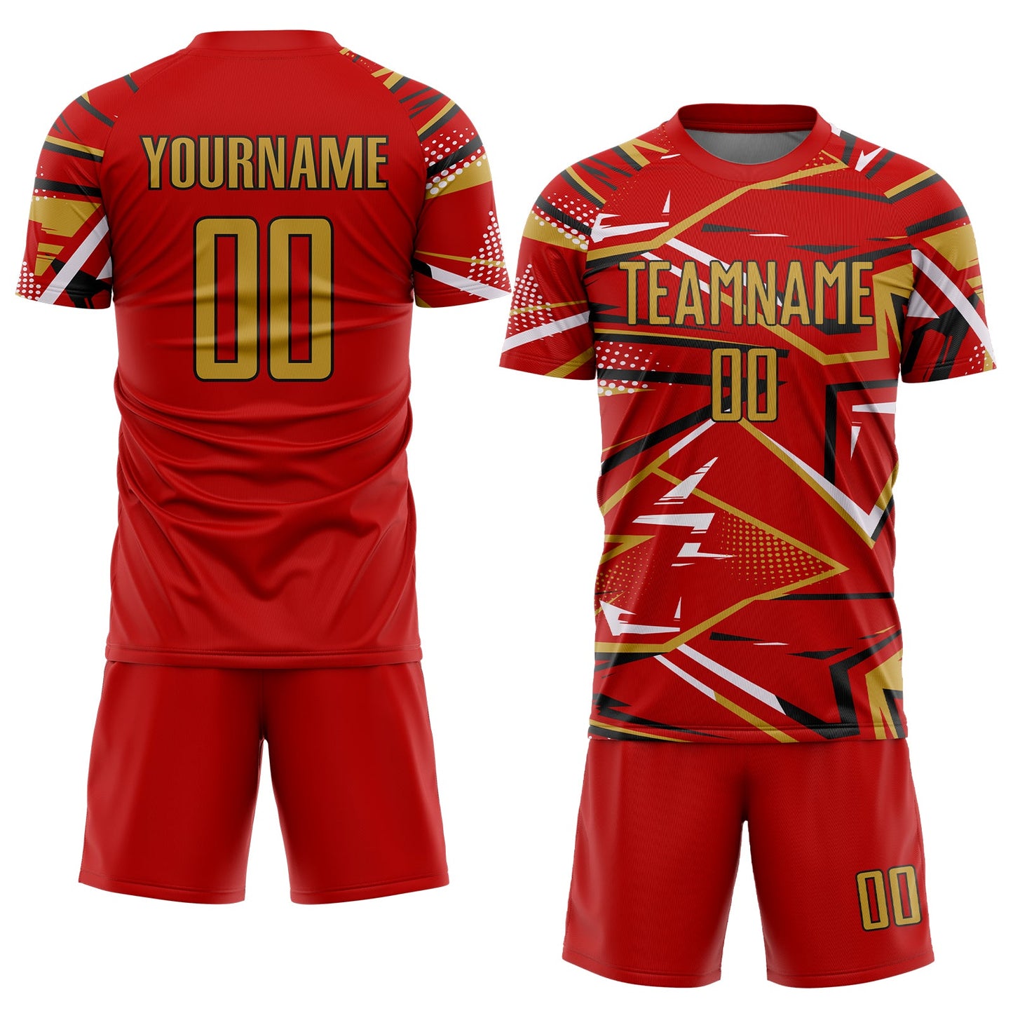 Custom Red Old Gold Black-White Abstract Geometric Stripes Sports Sublimation Soccer Uniform Jersey view 2