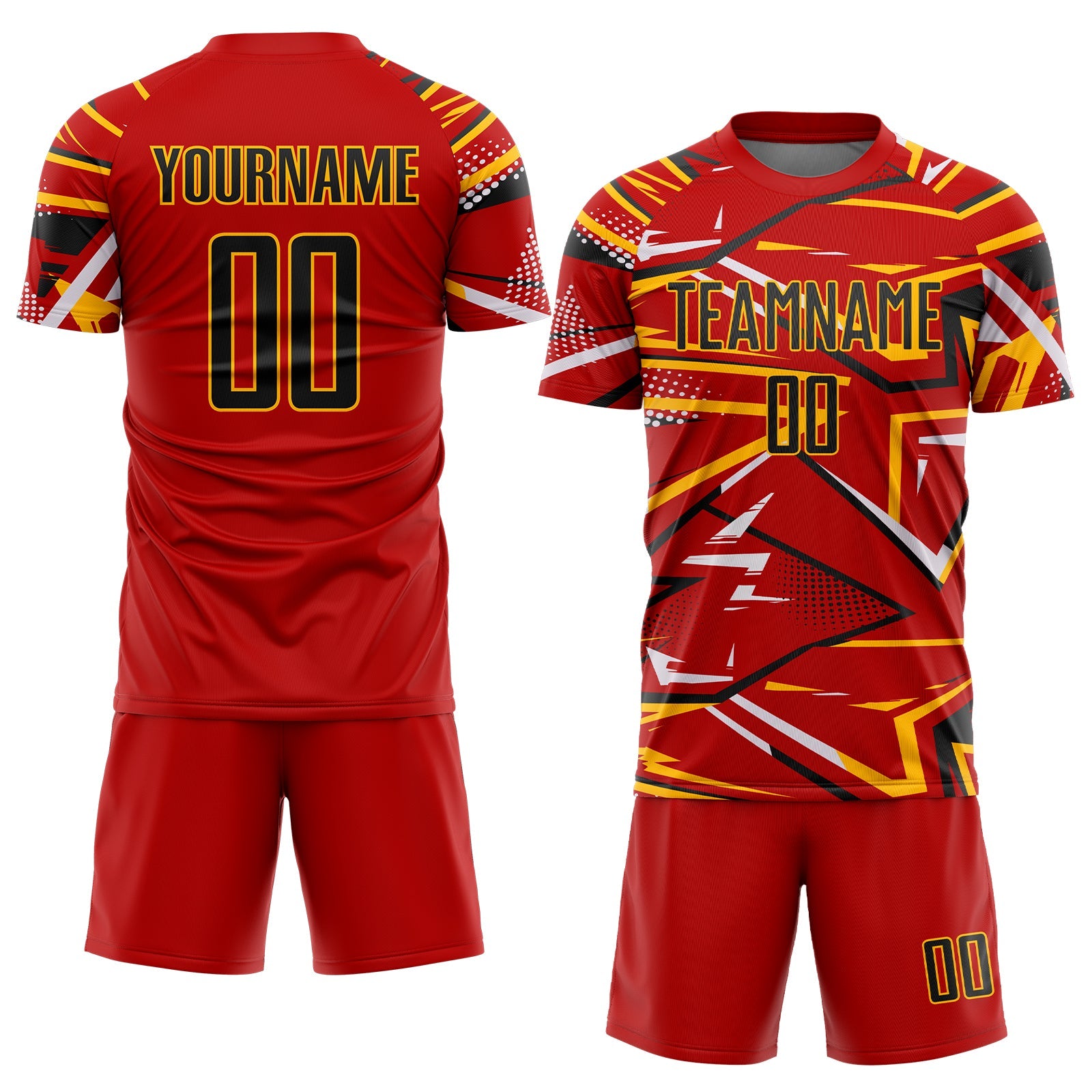 Custom Red Black Gold-White Abstract Geometric Stripes Sports Sublimation Soccer Uniform Jersey view 2