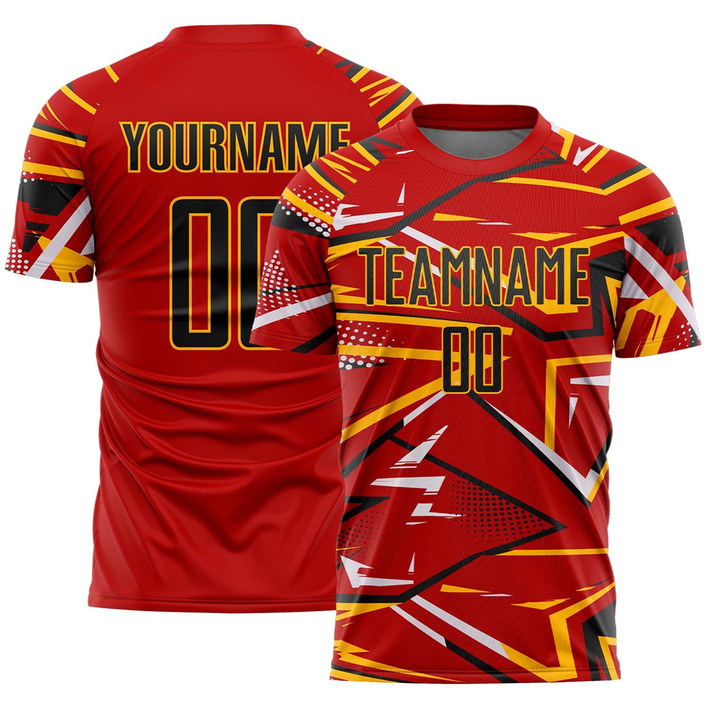 Custom Red Black Gold-White Abstract Geometric Stripes Sports Sublimation Soccer Uniform Jersey - Main View