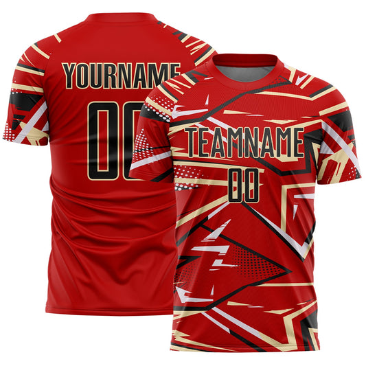Custom Red Black Cream-White Abstract Geometric Stripes Sports Sublimation Soccer Uniform Jersey - Main View