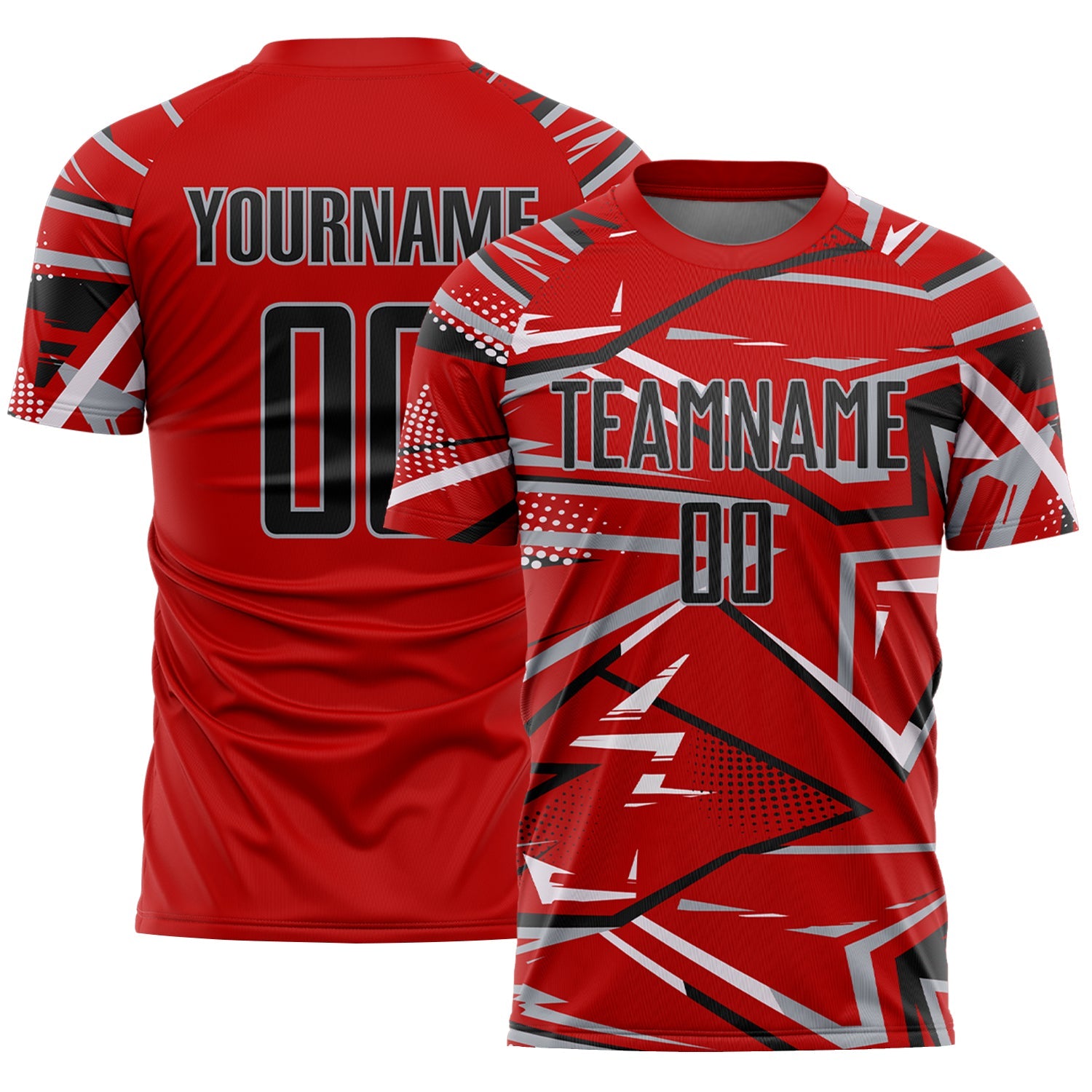 Custom Red Black Gray-White Abstract Geometric Stripes Sports Sublimation Soccer Uniform Jersey - Main View