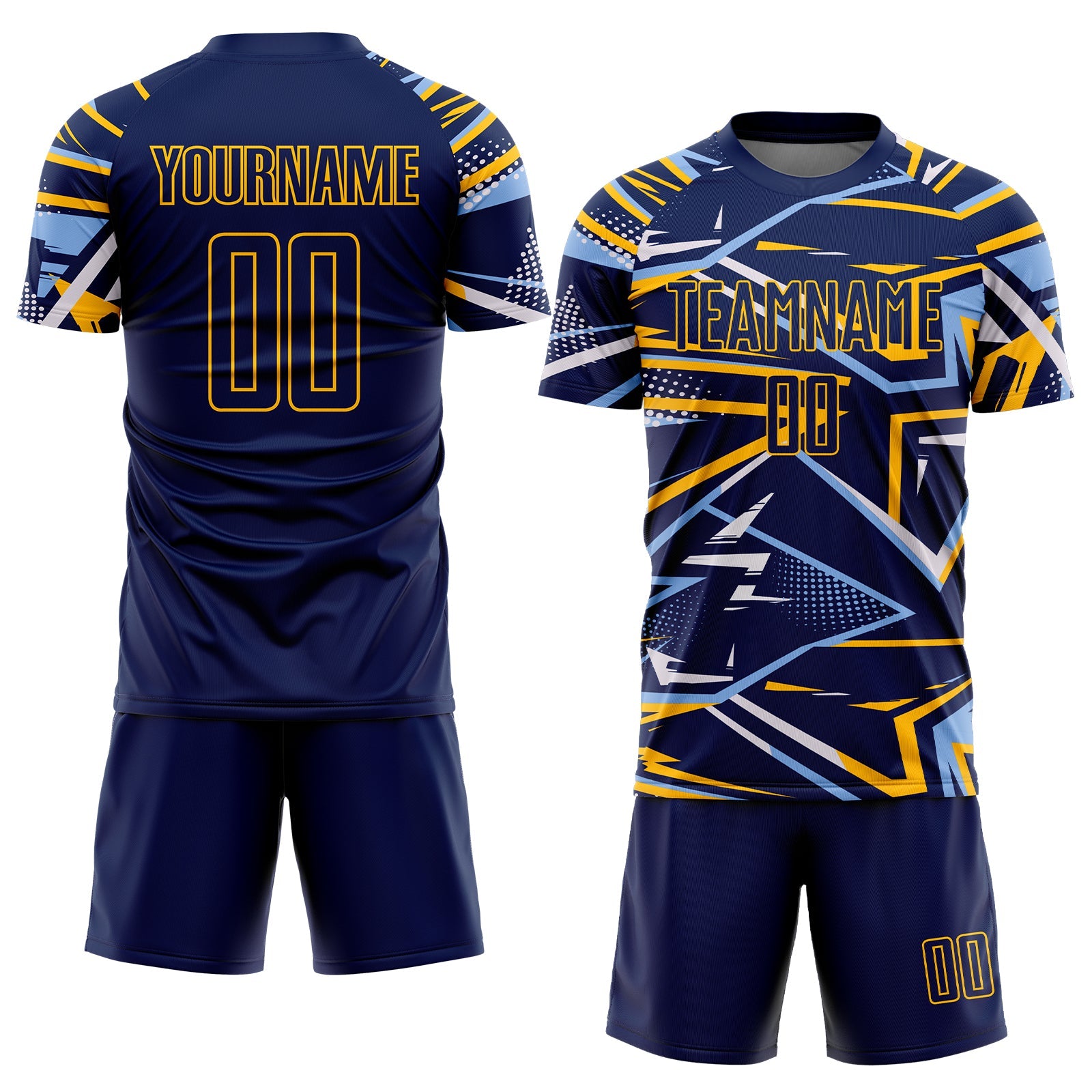 Custom Navy Light Blue Gold-White Abstract Geometric Stripes Sports Sublimation Soccer Uniform Jersey view 2