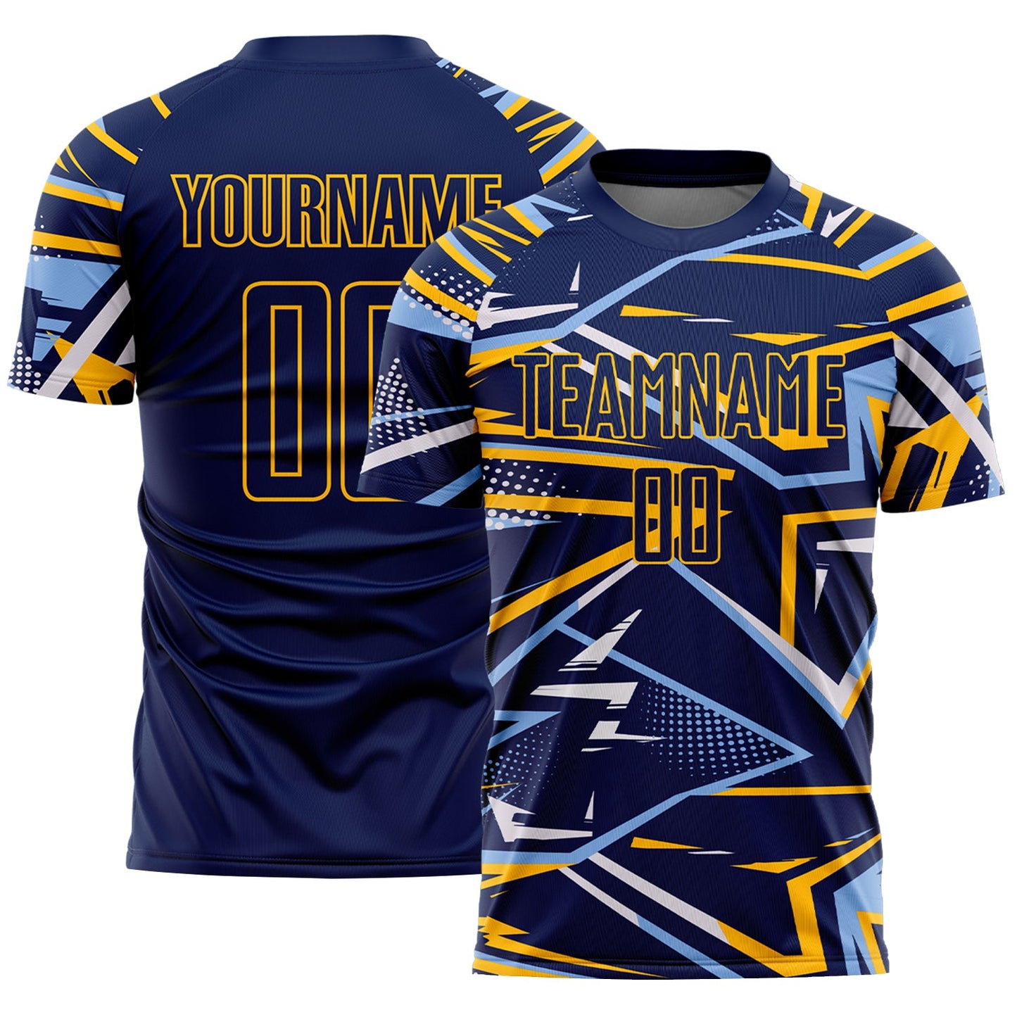Custom Navy Light Blue Gold-White Abstract Geometric Stripes Sports Sublimation Soccer Uniform Jersey - Main View