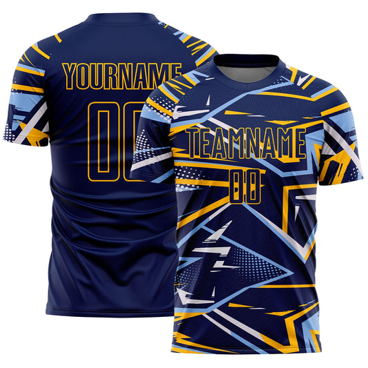 Custom Navy Light Blue Gold-White Abstract Geometric Stripes Sports Sublimation Soccer Uniform Jersey - Main View