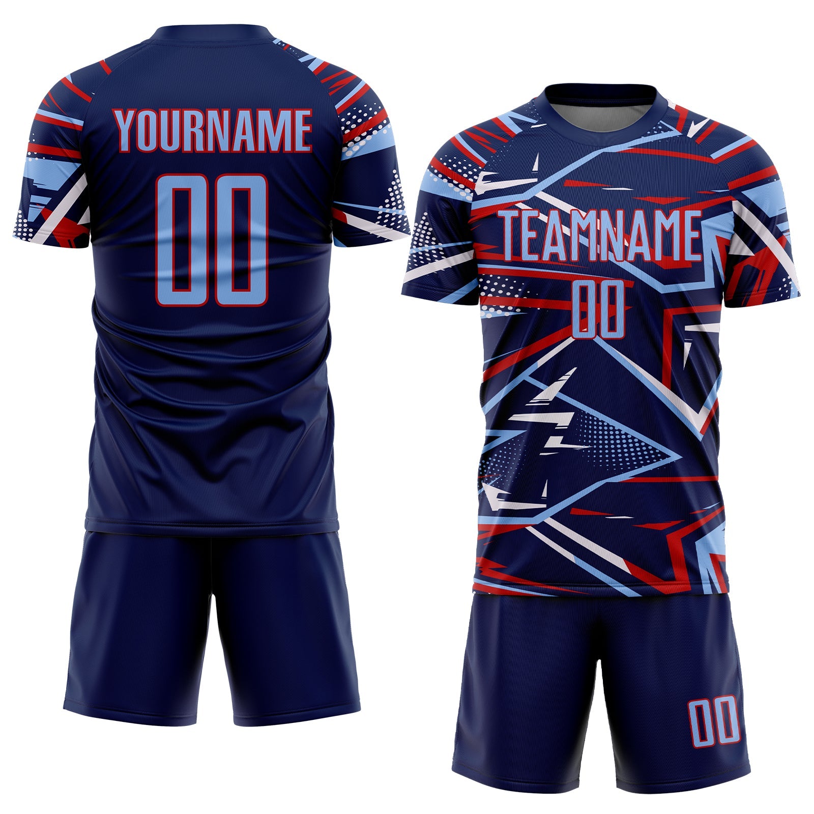 Custom Navy Light Blue Red-White Abstract Geometric Stripes Sports Sublimation Soccer Uniform Jersey view 2