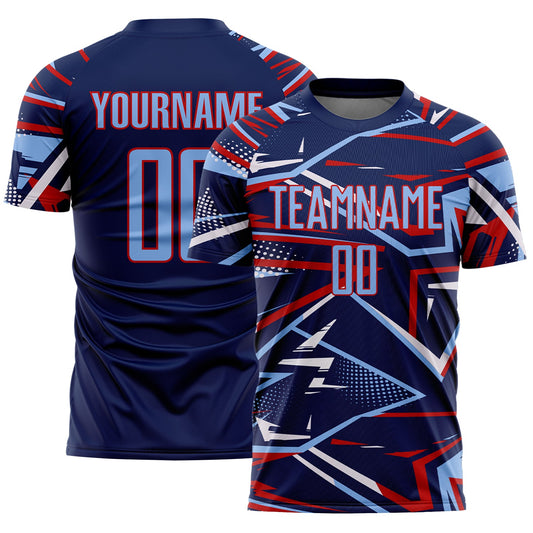Custom Navy Light Blue Red-White Abstract Geometric Stripes Sports Sublimation Soccer Uniform Jersey - Main View