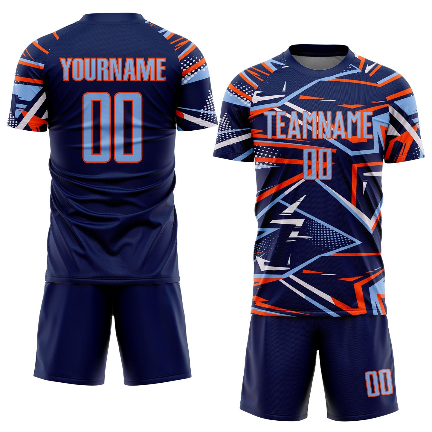 Custom Navy Light Blue Orange-White Abstract Geometric Stripes Sports Sublimation Soccer Uniform Jersey view 2