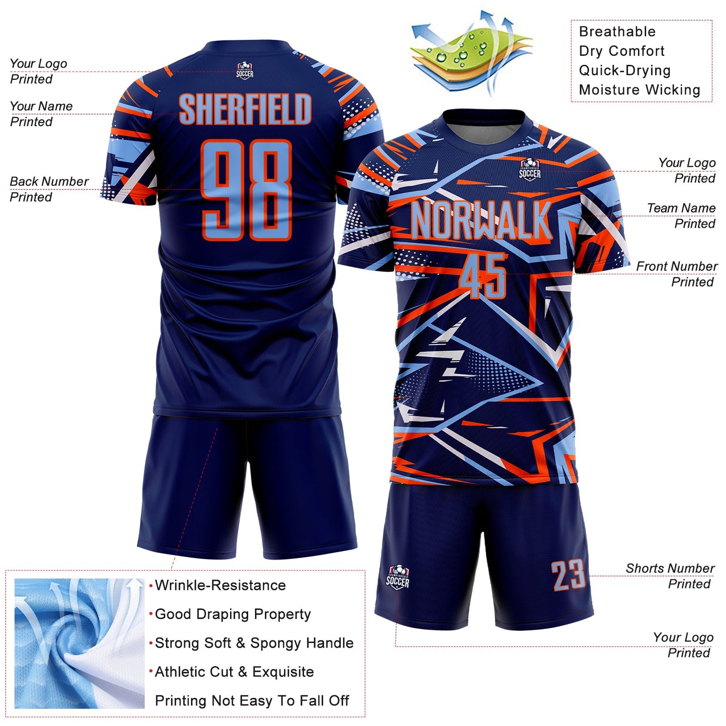Custom Navy Light Blue Orange-White Abstract Geometric Stripes Sports Sublimation Soccer Uniform Jersey view 4