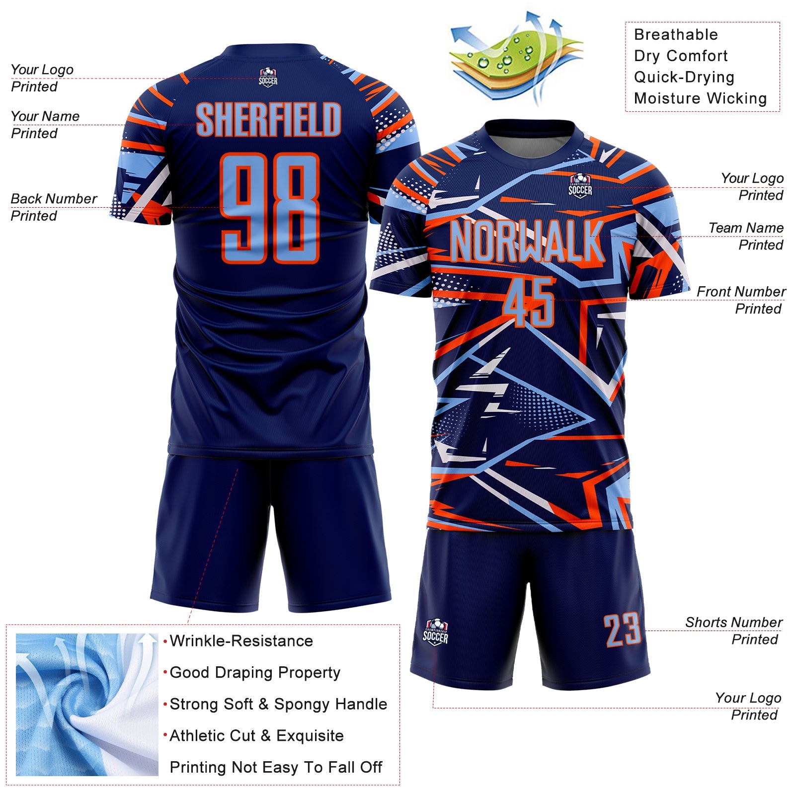 Custom Navy Light Blue Orange-White Abstract Geometric Stripes Sports Sublimation Soccer Uniform Jersey view 4