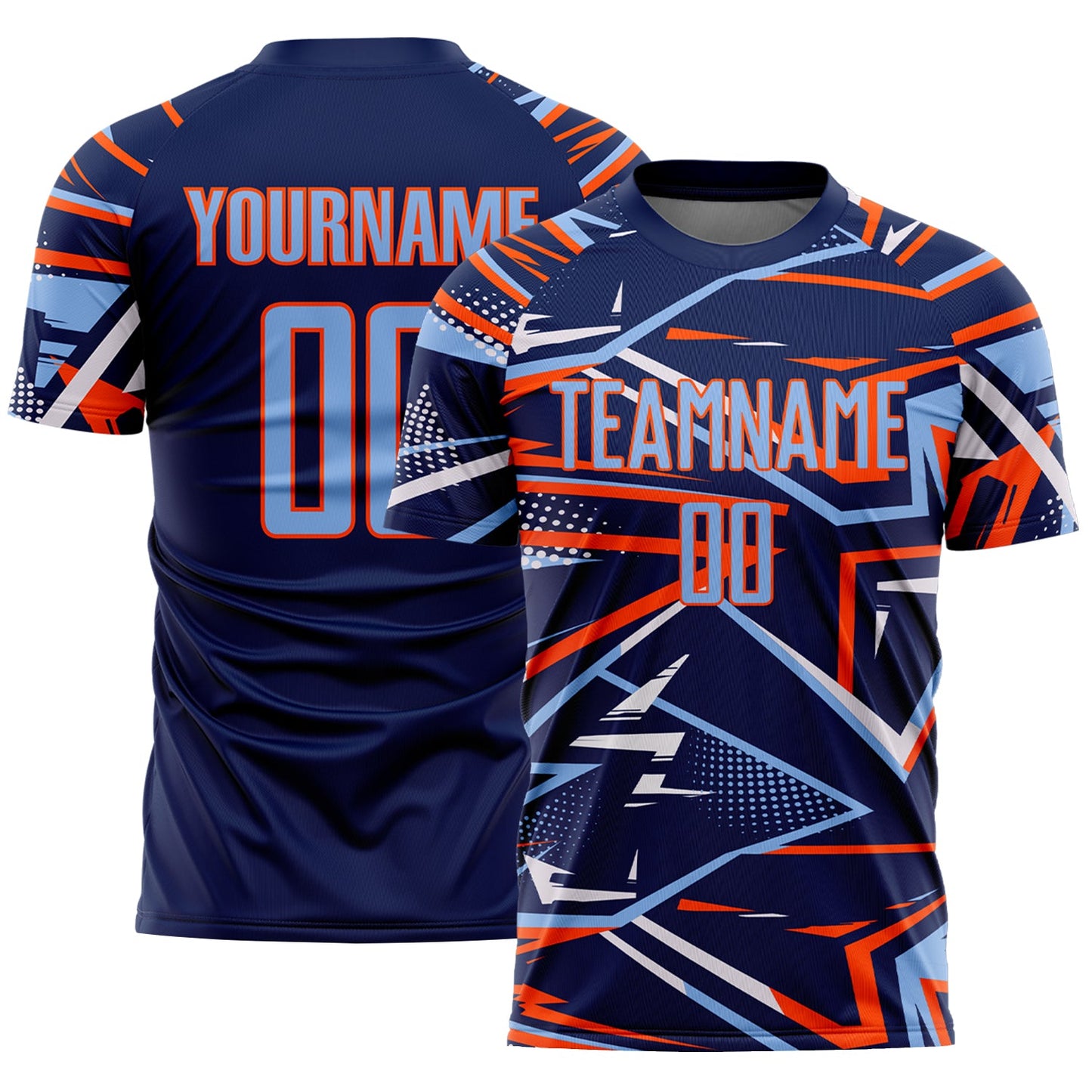 Custom Navy Light Blue Orange-White Abstract Geometric Stripes Sports Sublimation Soccer Uniform Jersey - Main View