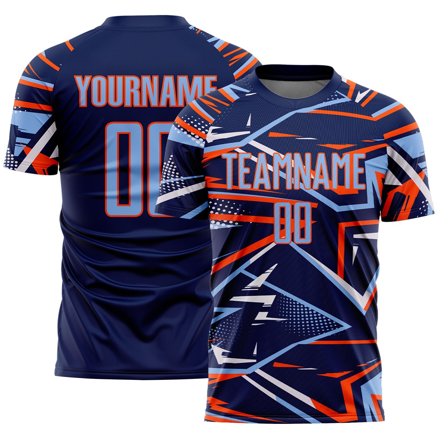 Custom Navy Light Blue Orange-White Abstract Geometric Stripes Sports Sublimation Soccer Uniform Jersey - Main View