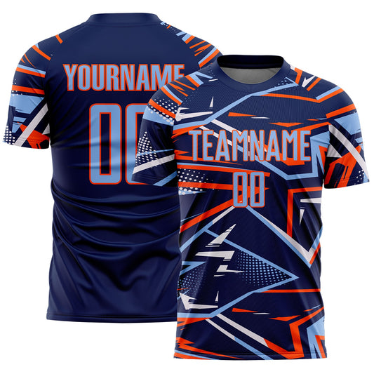 Custom Navy Light Blue Orange-White Abstract Geometric Stripes Sports Sublimation Soccer Uniform Jersey - Main View