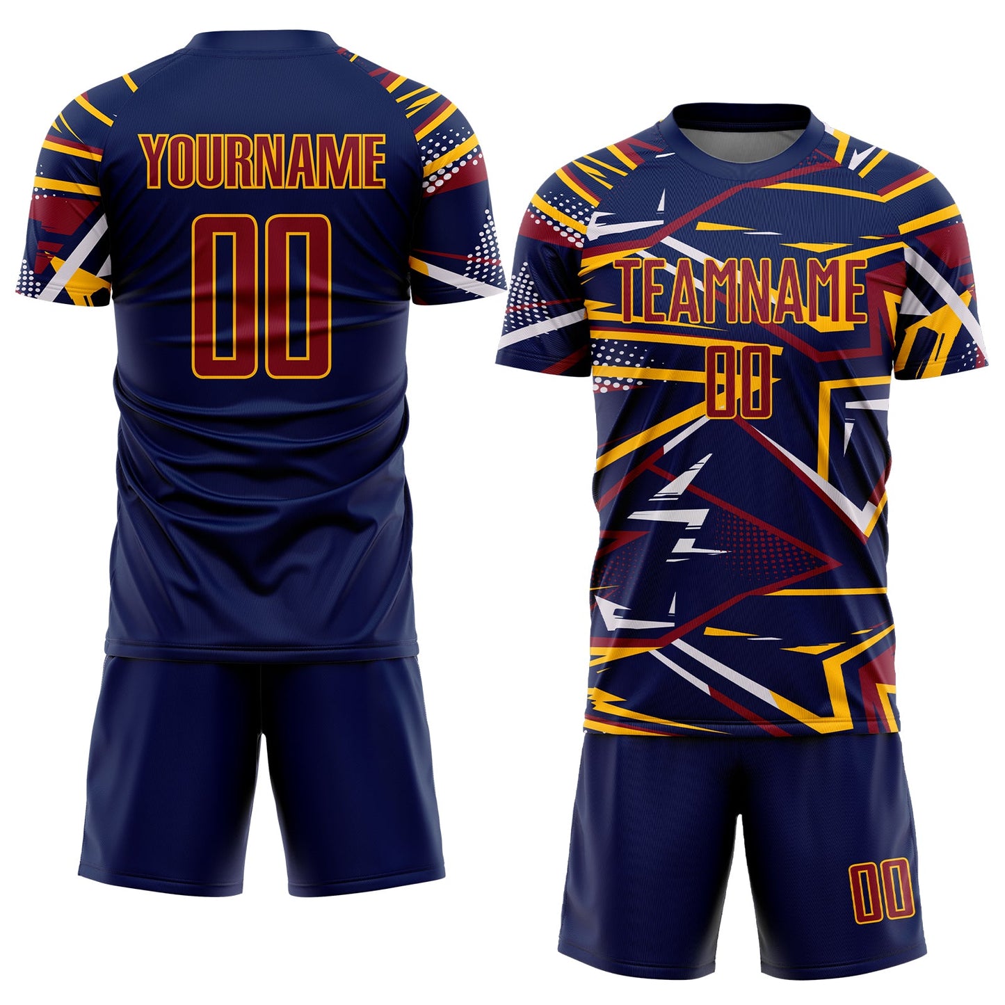 Custom Navy Crimson Gold-White Abstract Geometric Stripes Sports Sublimation Soccer Uniform Jersey view 2
