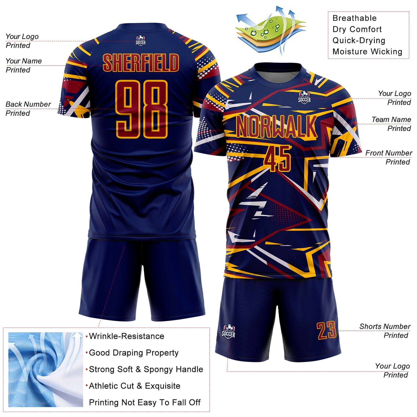 Custom Navy Crimson Gold-White Abstract Geometric Stripes Sports Sublimation Soccer Uniform Jersey view 4