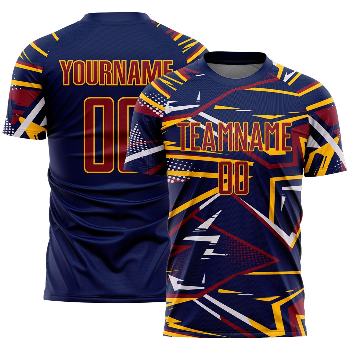Custom Navy Crimson Gold-White Abstract Geometric Stripes Sports Sublimation Soccer Uniform Jersey - Main View