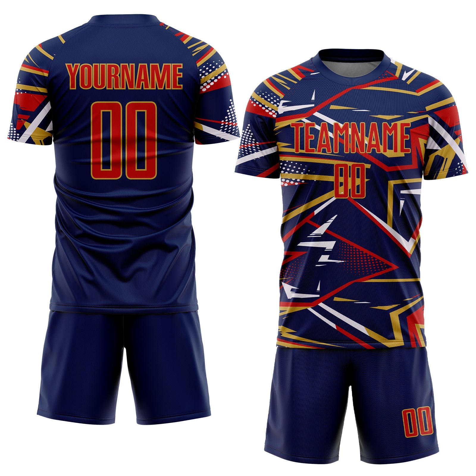 Custom Navy Red Old Gold-White Abstract Geometric Stripes Sports Sublimation Soccer Uniform Jersey view 2