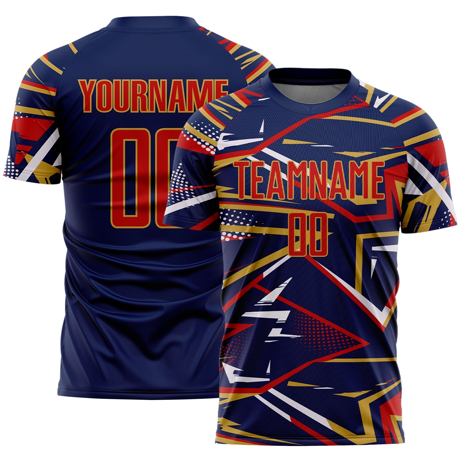 Custom Navy Red Old Gold-White Abstract Geometric Stripes Sports Sublimation Soccer Uniform Jersey - Main View