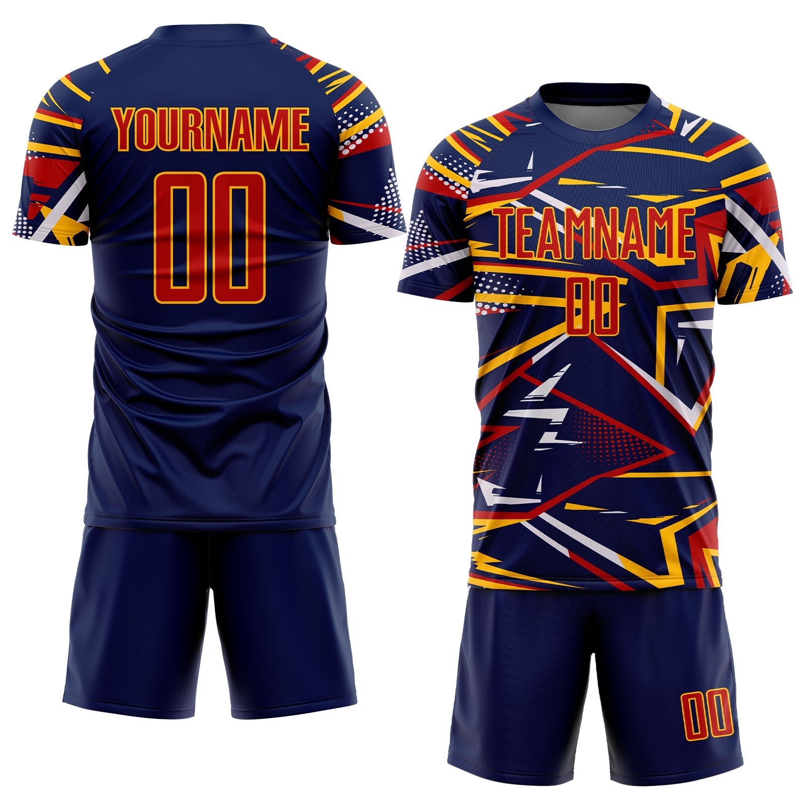 Custom Navy Red Gold-White Abstract Geometric Stripes Sports Sublimation Soccer Uniform Jersey view 2