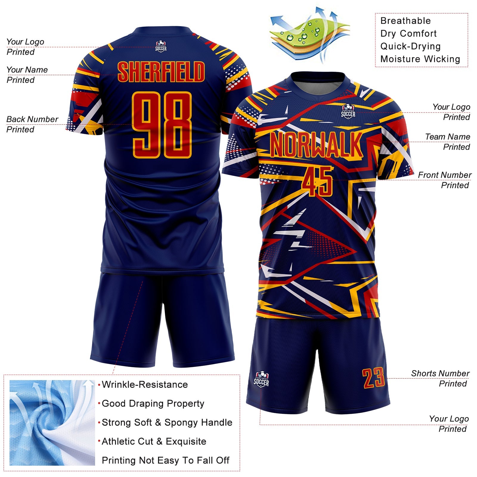 Custom Navy Red Gold-White Abstract Geometric Stripes Sports Sublimation Soccer Uniform Jersey view 4