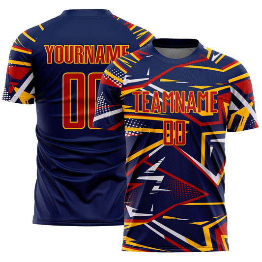 Custom Navy Red Gold-White Abstract Geometric Stripes Sports Sublimation Soccer Uniform Jersey - Main View