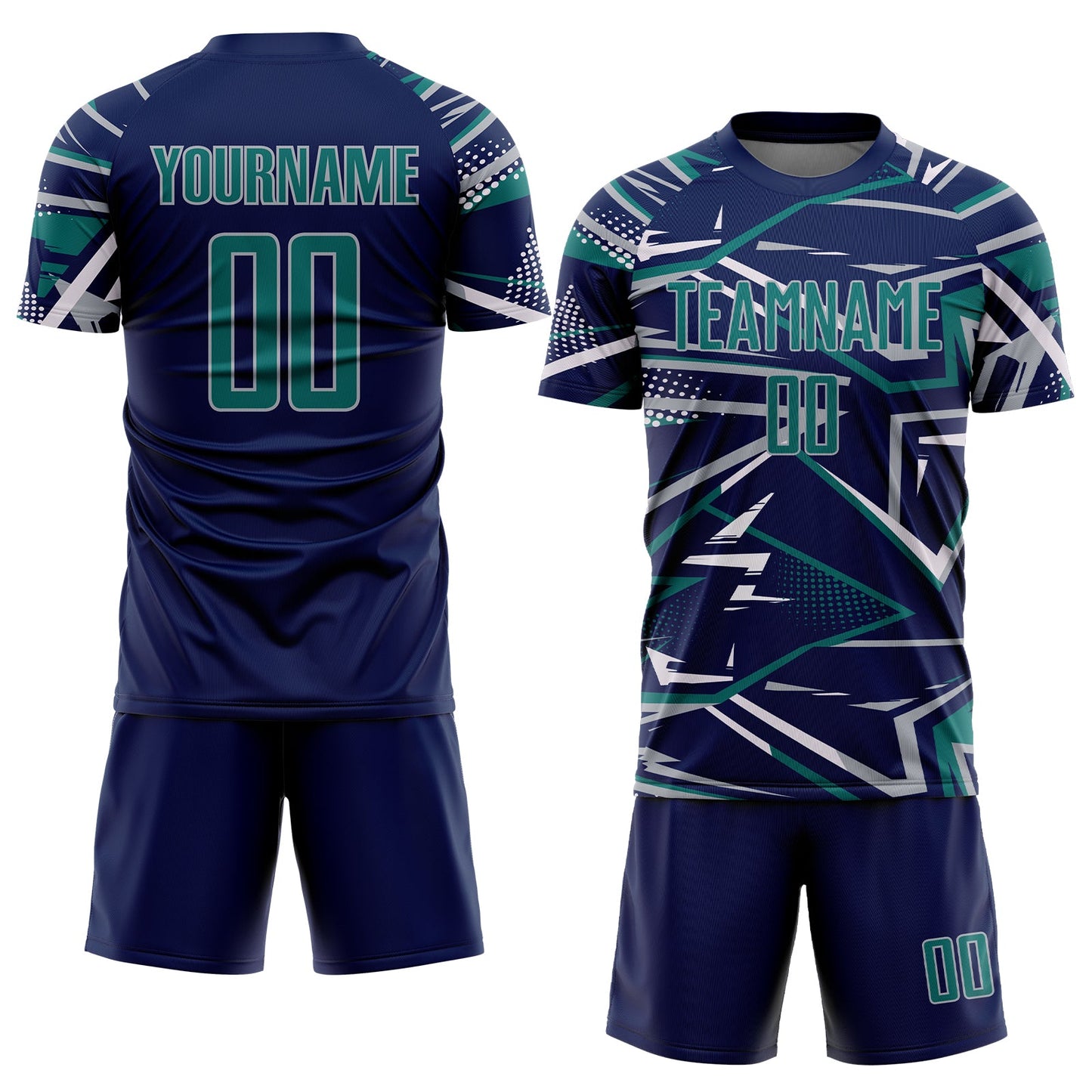 Custom Navy Teal Gray-White Abstract Geometric Stripes Sports Sublimation Soccer Uniform Jersey view 2