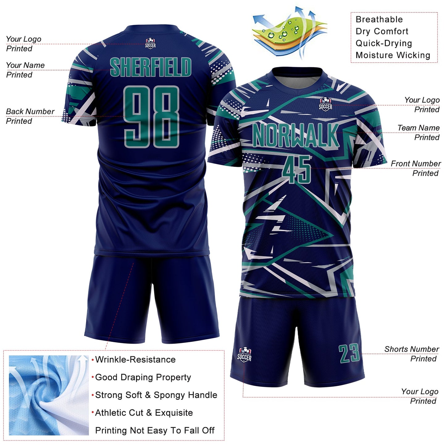 Custom Navy Teal Gray-White Abstract Geometric Stripes Sports Sublimation Soccer Uniform Jersey view 4