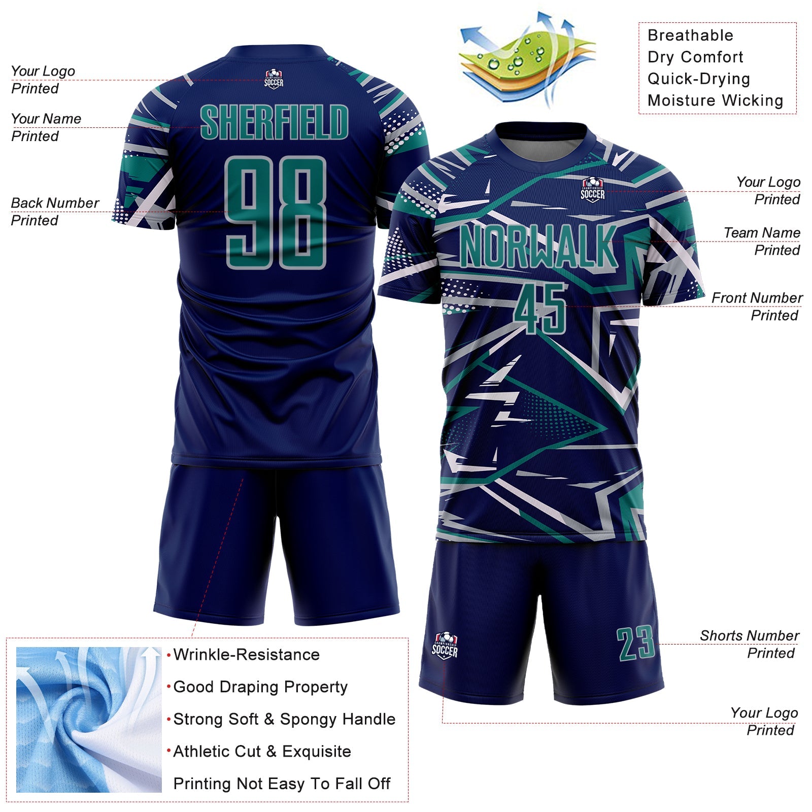 Custom Navy Teal Gray-White Abstract Geometric Stripes Sports Sublimation Soccer Uniform Jersey view 4