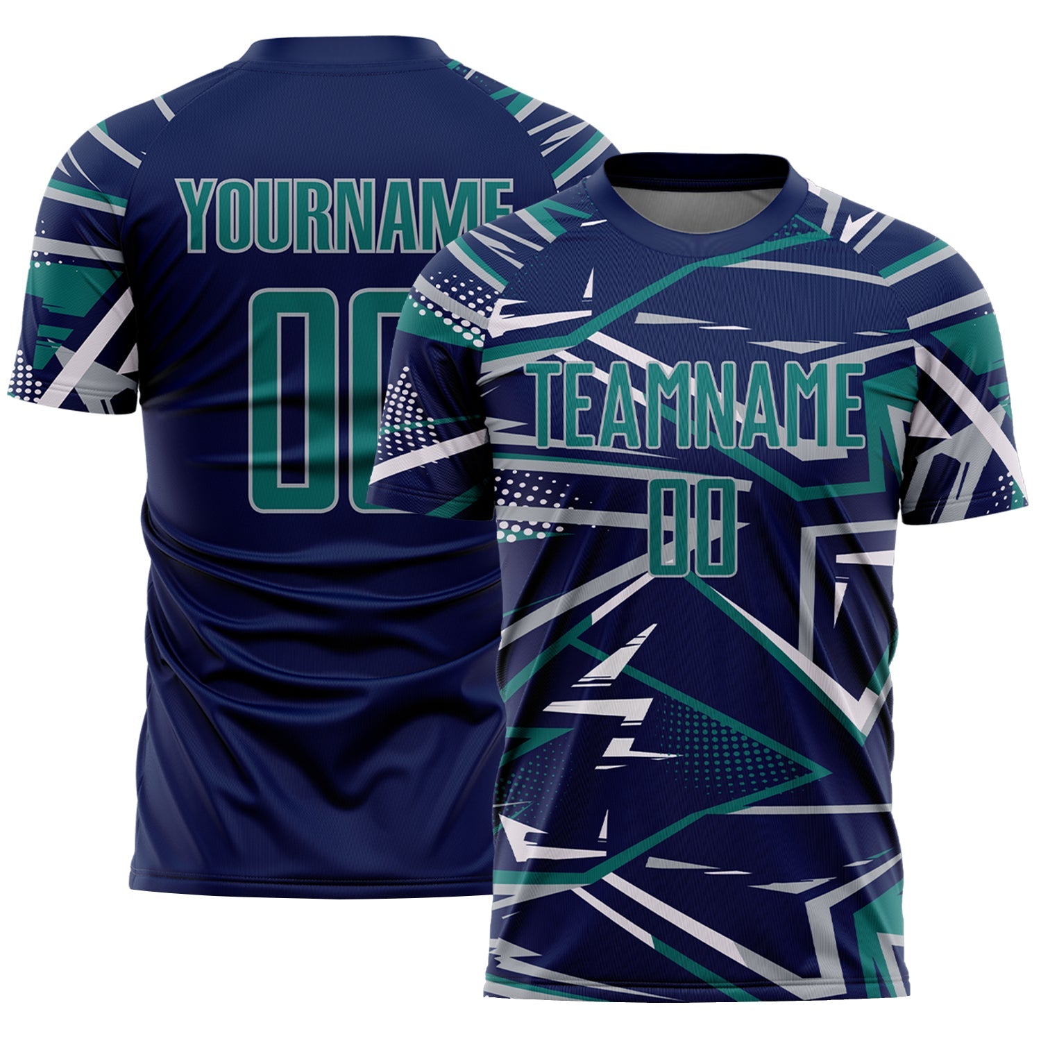 Custom Navy Teal Gray-White Abstract Geometric Stripes Sports Sublimation Soccer Uniform Jersey - Main View