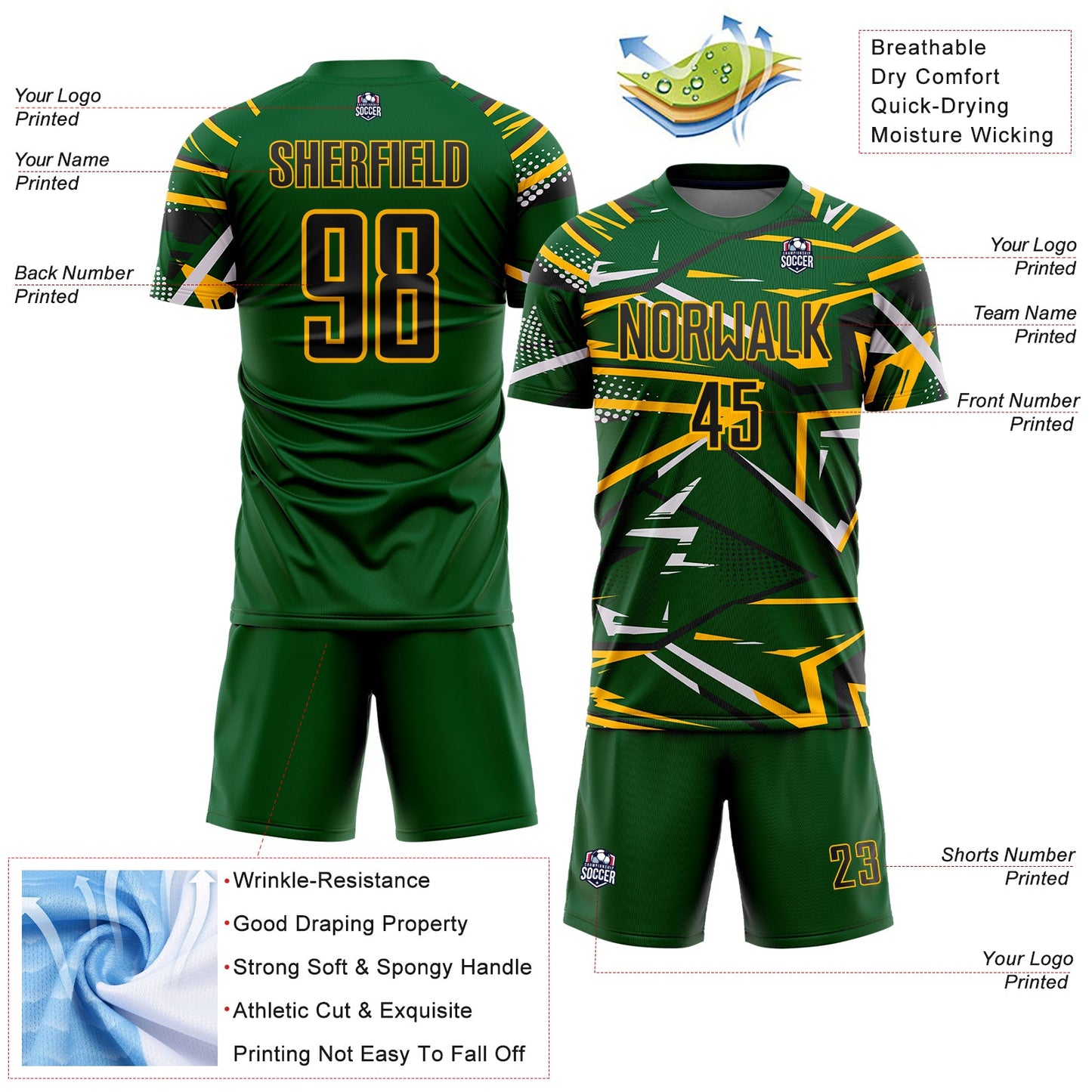 Custom Green Black Gold-White Abstract Geometric Stripes Sports Sublimation Soccer Uniform Jersey view 4