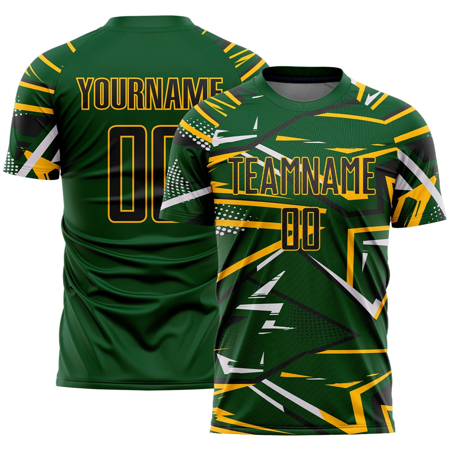 Custom Green Black Gold-White Abstract Geometric Stripes Sports Sublimation Soccer Uniform Jersey - Main View