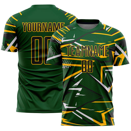 Custom Green Black Gold-White Abstract Geometric Stripes Sports Sublimation Soccer Uniform Jersey - Main View
