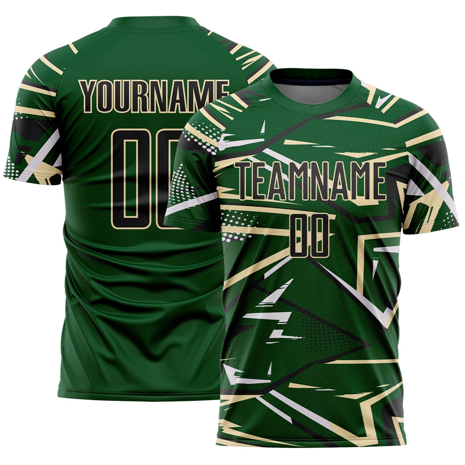 Custom Green Black Cream-White Abstract Geometric Stripes Sports Sublimation Soccer Uniform Jersey - Main View