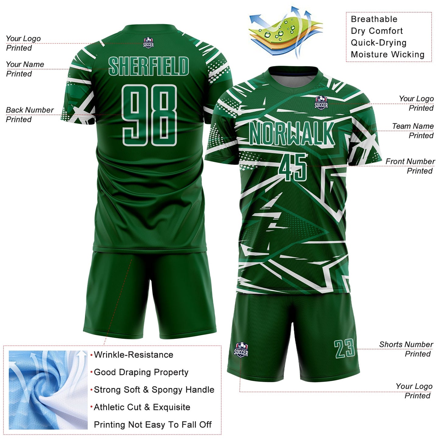 Custom Green Kelly Green-White Abstract Geometric Stripes Sports Sublimation Soccer Uniform Jersey view 4
