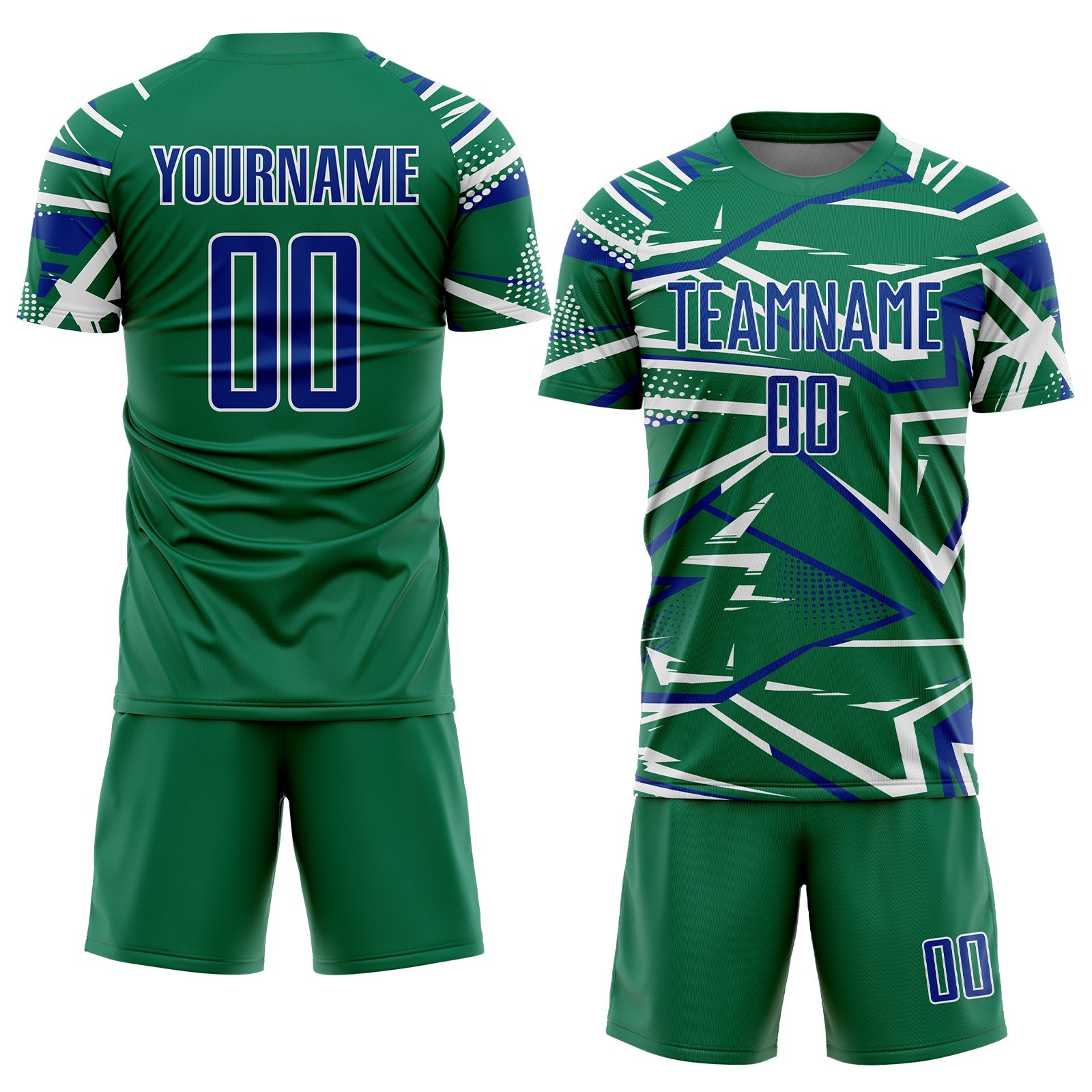 Custom Kelly Green Royal-White Abstract Geometric Stripes Sports Sublimation Soccer Uniform Jersey view 2