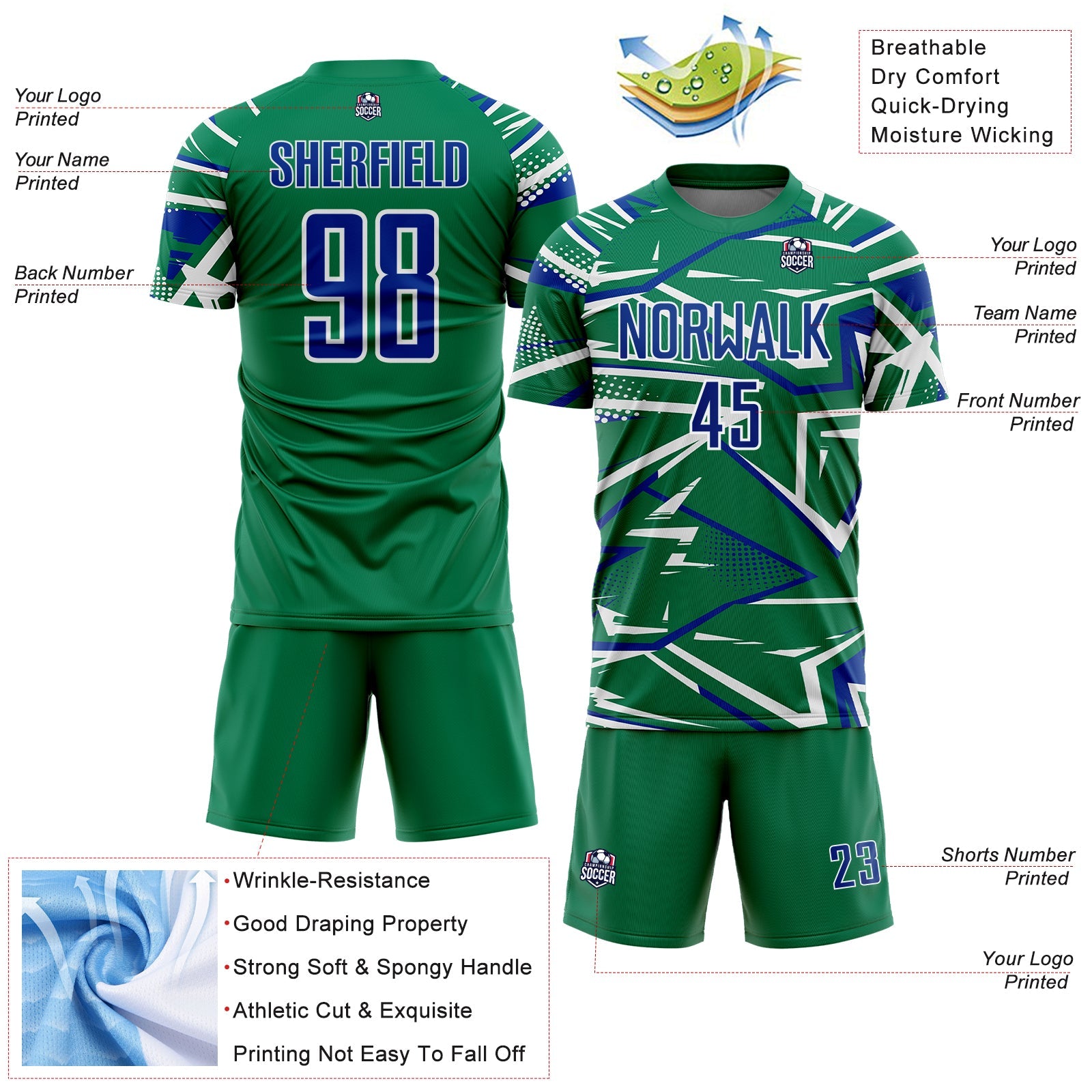 Custom Kelly Green Royal-White Abstract Geometric Stripes Sports Sublimation Soccer Uniform Jersey view 4