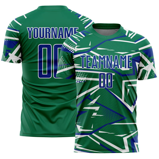 Custom Kelly Green Royal-White Abstract Geometric Stripes Sports Sublimation Soccer Uniform Jersey - Main View
