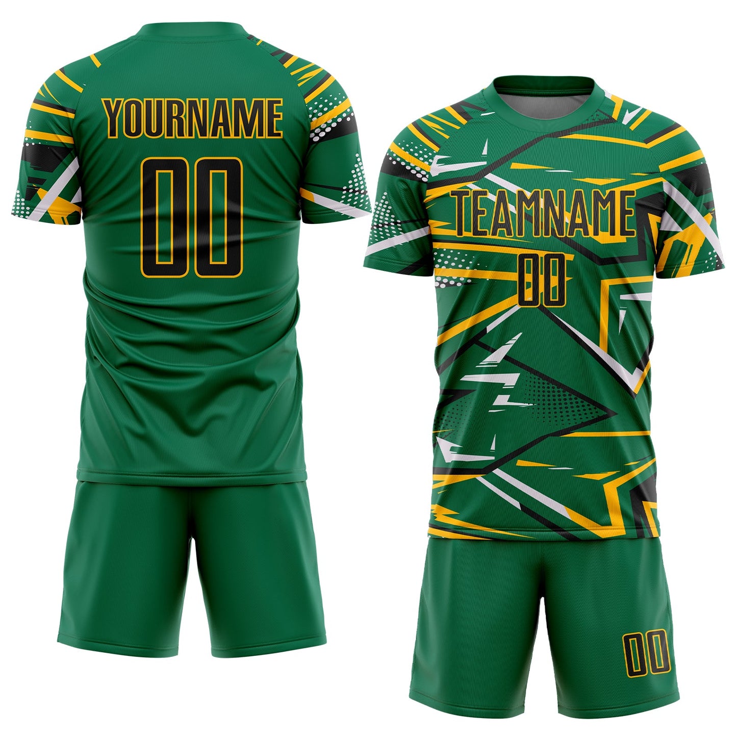 Custom Kelly Green Black Gold-White Abstract Geometric Stripes Sports Sublimation Soccer Uniform Jersey view 2