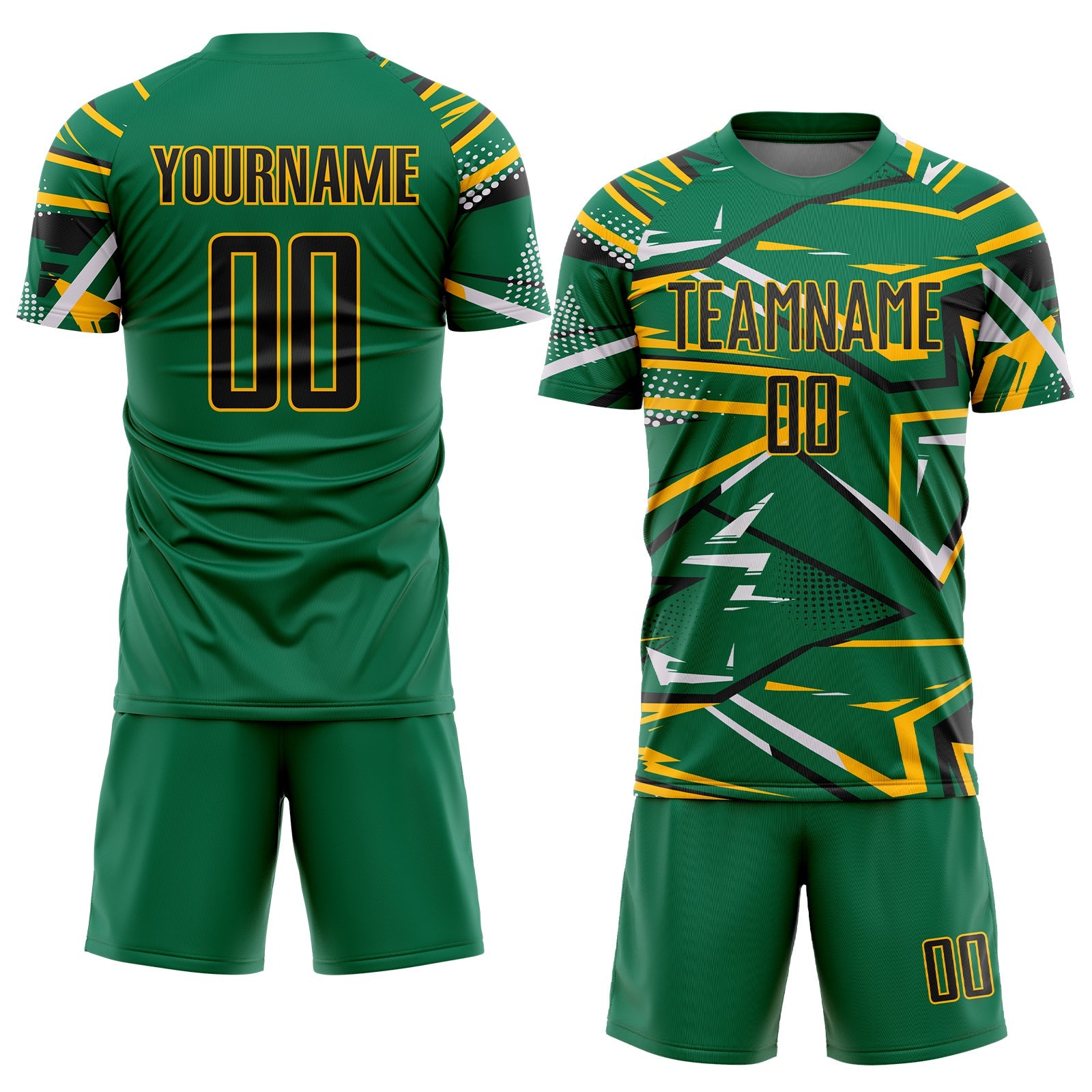 Custom Kelly Green Black Gold-White Abstract Geometric Stripes Sports Sublimation Soccer Uniform Jersey view 2