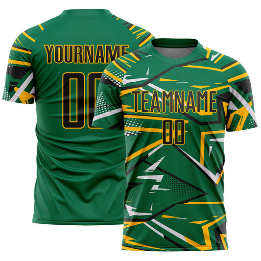 Custom Kelly Green Black Gold-White Abstract Geometric Stripes Sports Sublimation Soccer Uniform Jersey - Main View