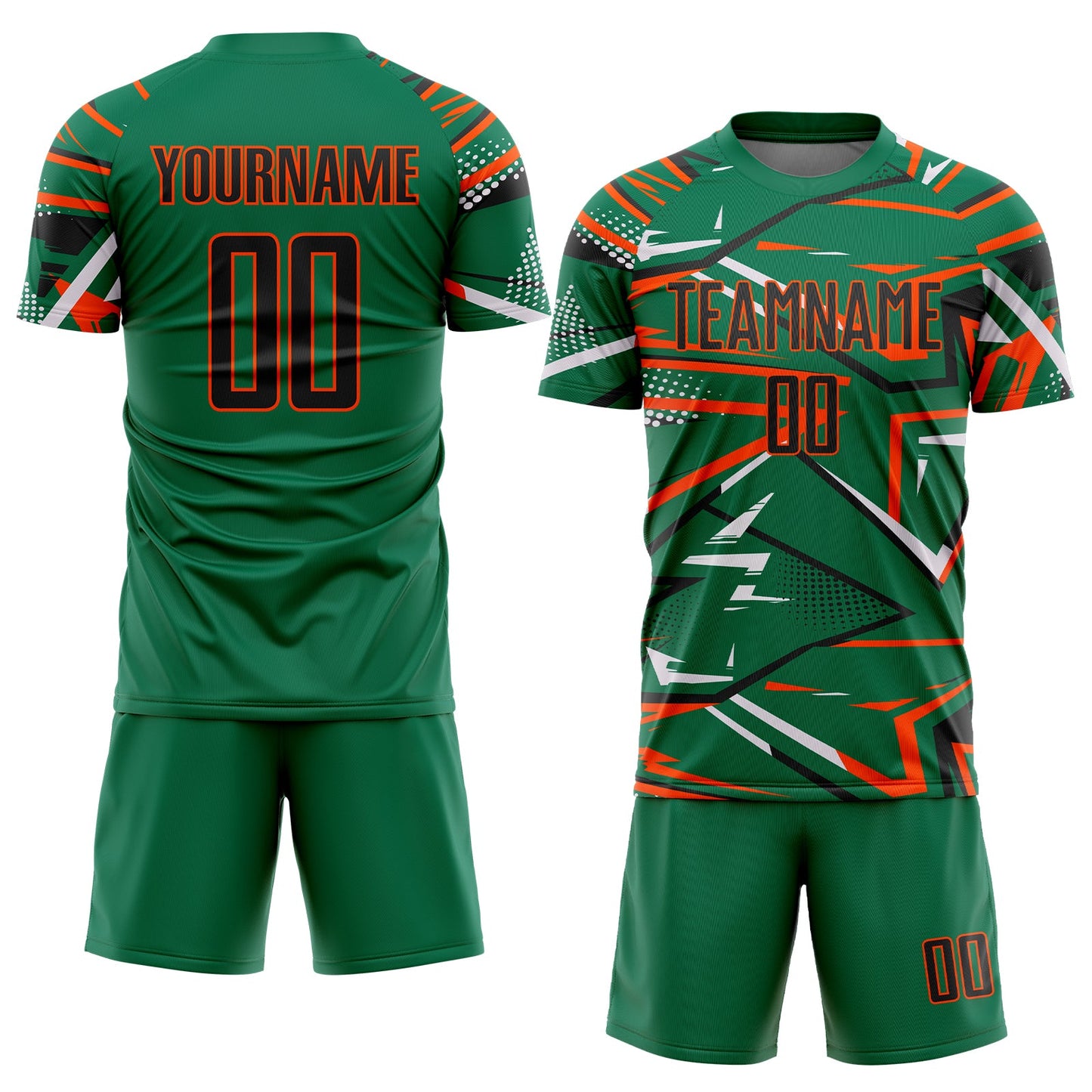 Custom Kelly Green Black Orange-White Abstract Geometric Stripes Sports Sublimation Soccer Uniform Jersey view 2
